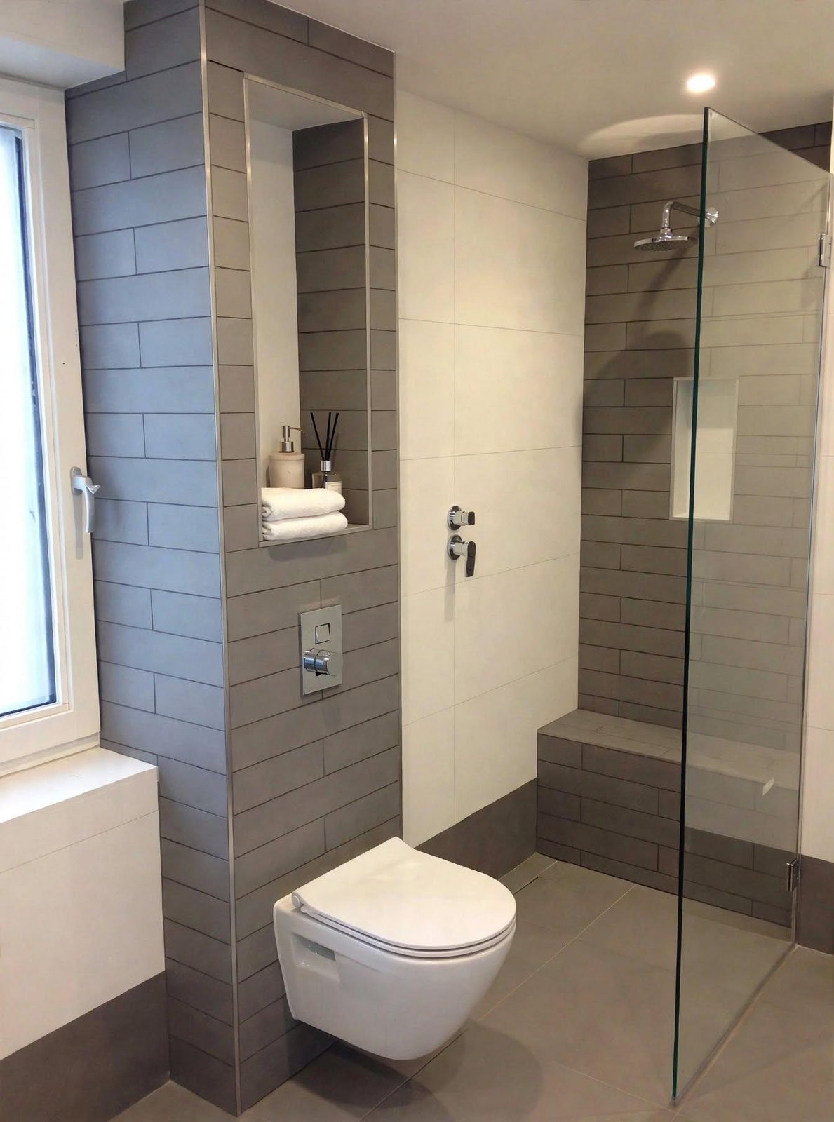 Moderne badkamer met grijze tegels, inloopdouche met glazen wand en hangtoilet
