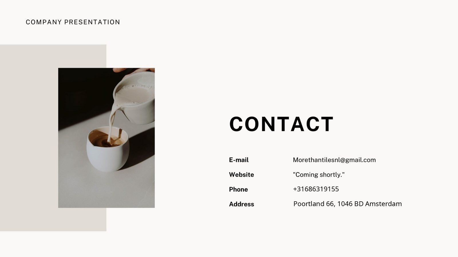 Sluitingsdia van de bedrijfspresentatie van MoreThanTiles met de contactgegevens: e-mail, telefoon en adres